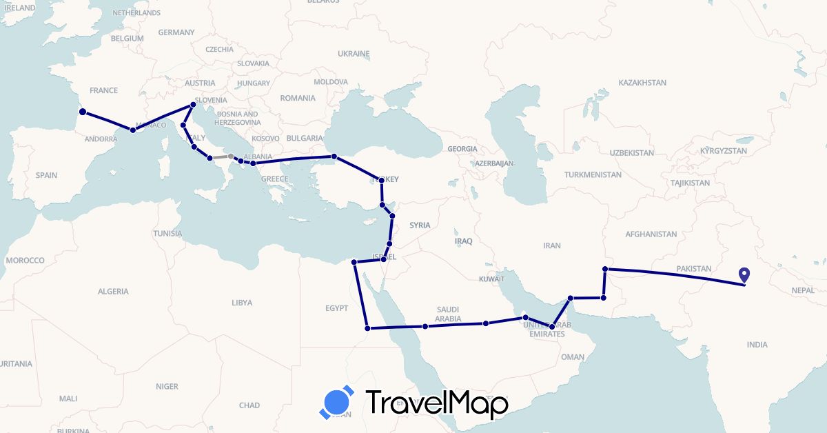 TravelMap itinerary: driving, plane in United Arab Emirates, Albania, Egypt, France, Israel, India, Iran, Italy, Qatar, Saudi Arabia, Syria, Turkey (Africa, Asia, Europe)